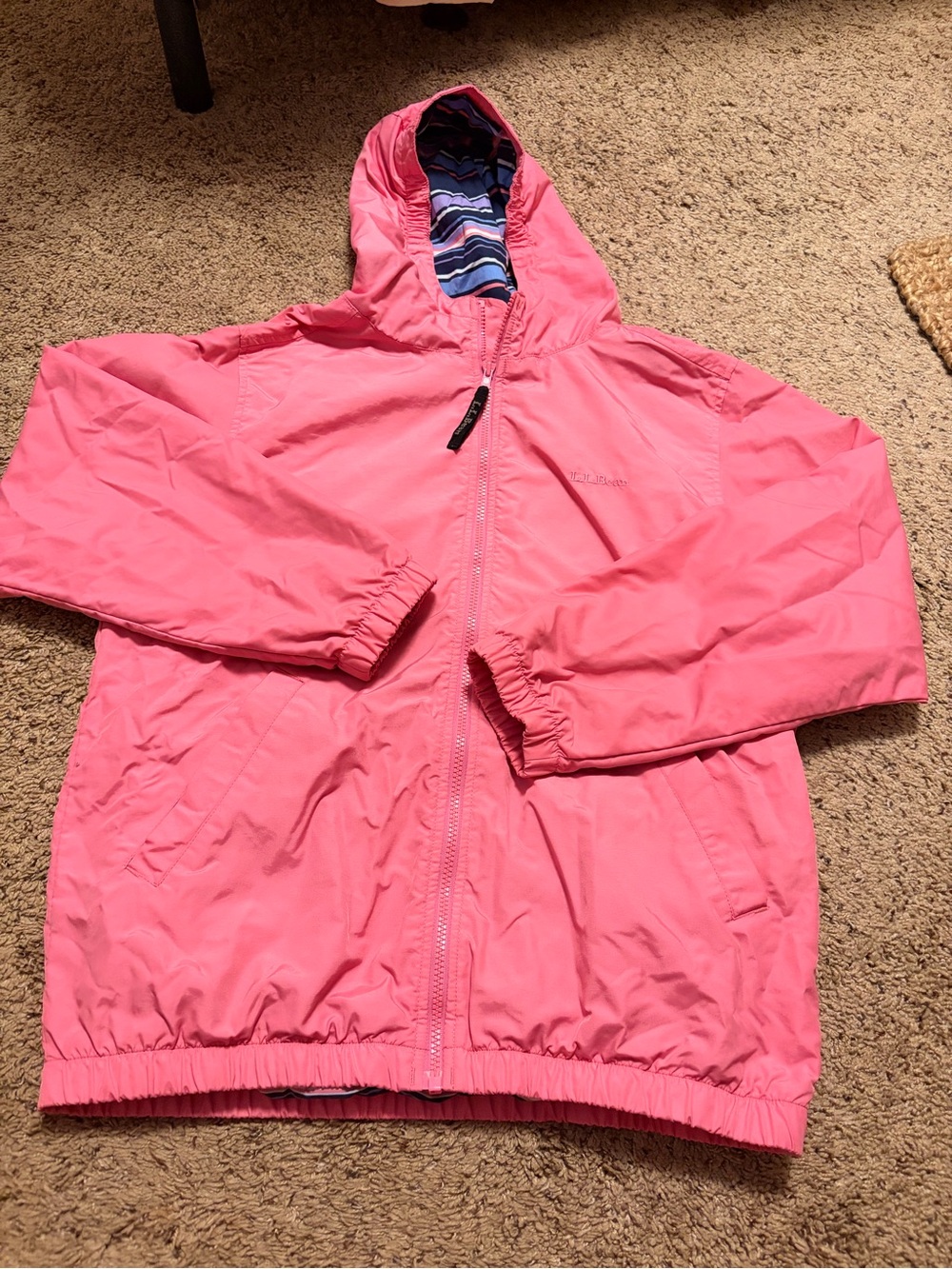 L.L. Bean Kids Hooded Rain Jacket - Bright Pink with Striped Lining